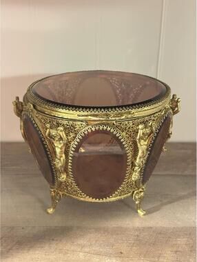 AMBER BEVELED GLASS Gold JEWELRY BOX